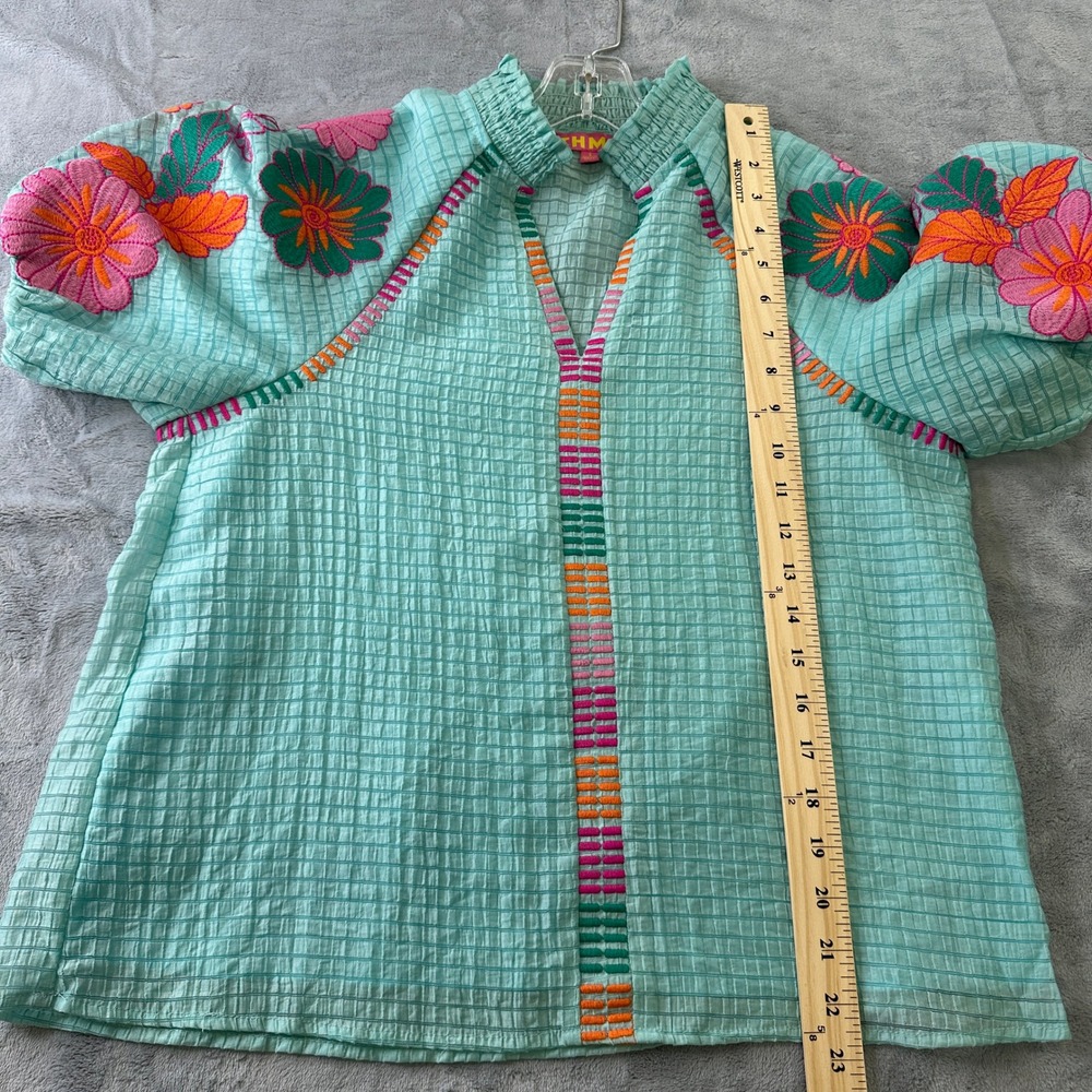 THML Aqua Blue Floral Embroidered Smocked Neck Puff Sleeve Blouse Small WCT2866 - Picture 3 of 7